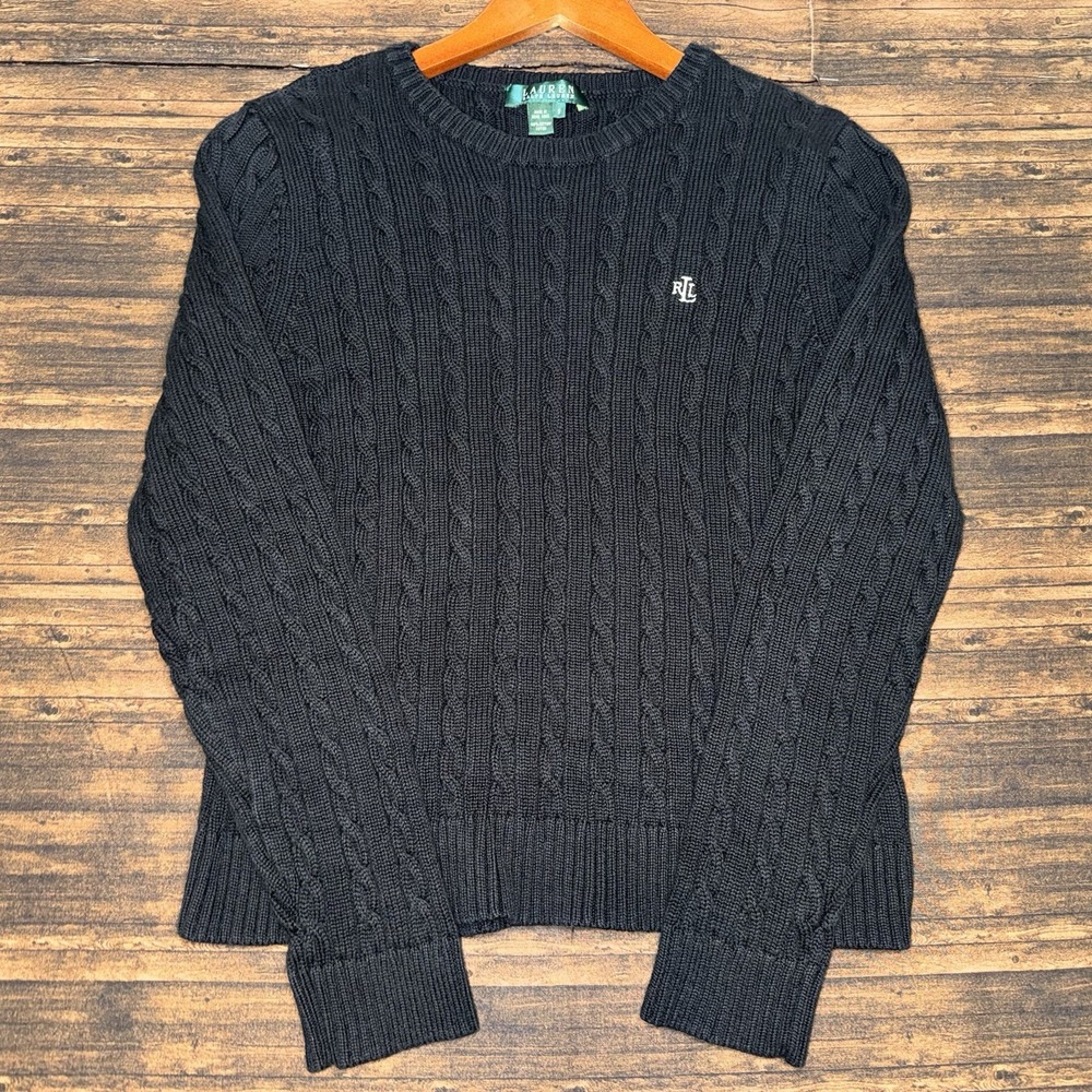 Ralph Lauren Sport Cable Knit Sweater Women's S Black 100% Cotton Crew Neck LRL